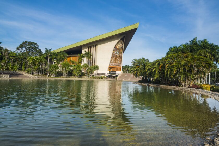 National Parliament reflecting in the water, Port Moresby, Papua New Guinea