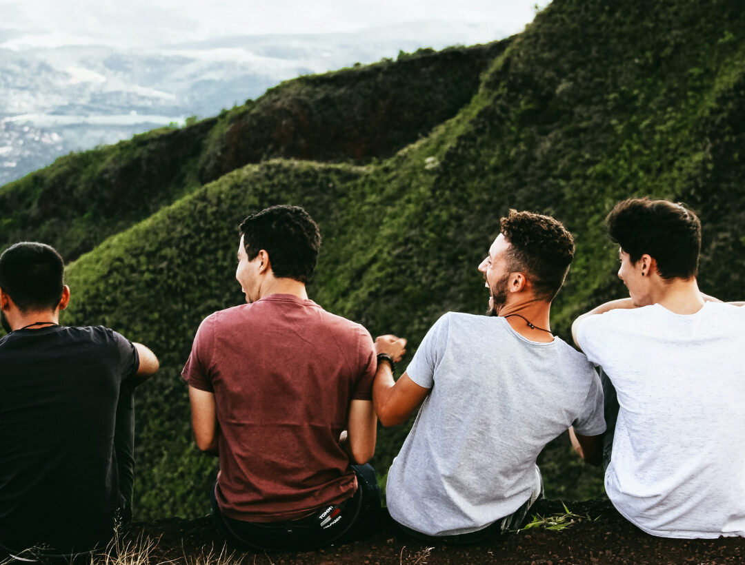 Vier Männer blicken auf grüne Berge