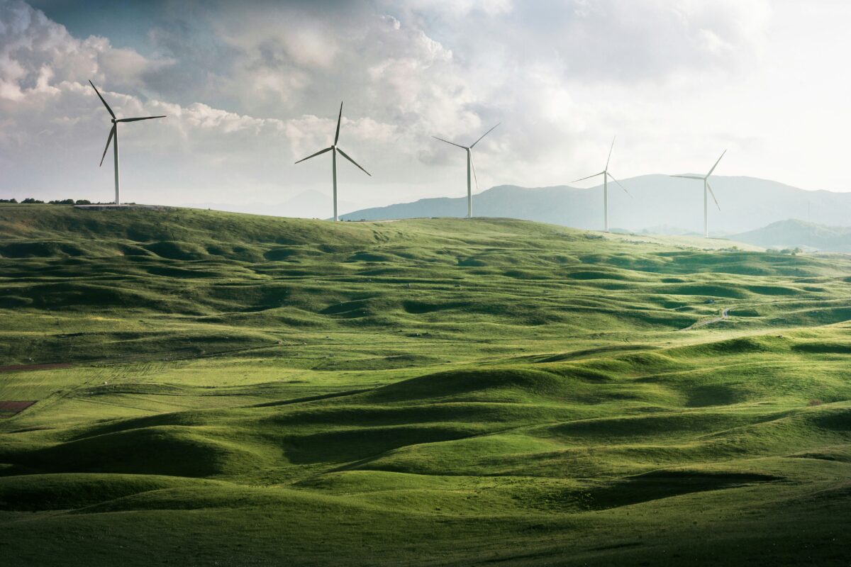 Windkraftanlage umgeben von Gras