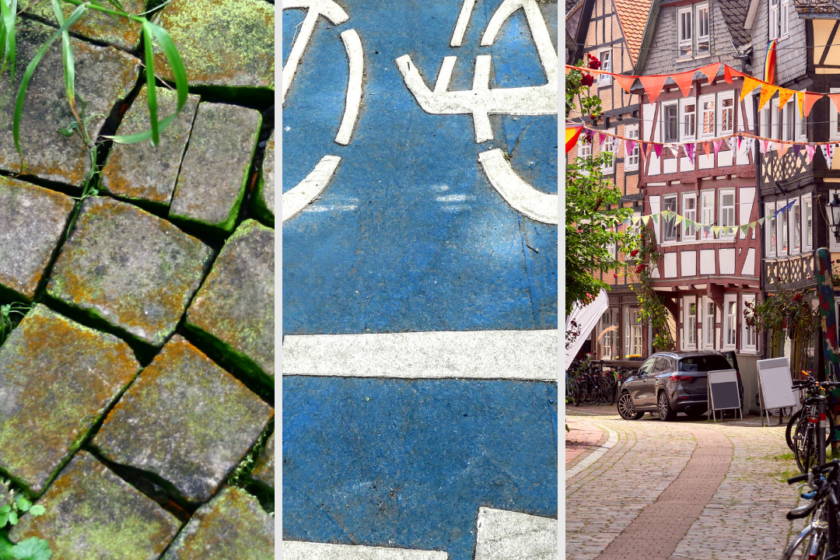 Das Bild ist in drei gleichgroße Abschnitte eingeteilt: der erste zeigt grün bewachsene Pflastersteine, der zweite Verkehrsmarkierungen auf der Straße (zu sehen ist ein Fahrrad und mehrere Linien), der dritte zeigt eine ruhige Altstadtstraße in Marburg mit mehreren Fachwerkhäusern
