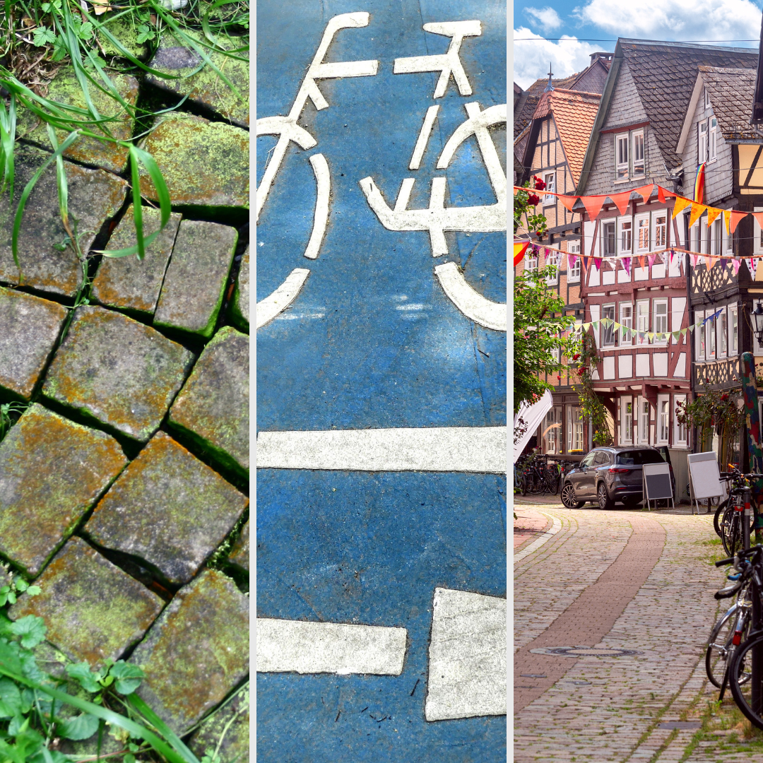 Das Bild ist in drei gleichgroße Abschnitte eingeteilt: der erste zeigt grün bewachsene Pflastersteine, der zweite Verkehrsmarkierungen auf der Straße (zu sehen ist ein Fahrrad und mehrere Linien), der dritte zeigt eine ruhige Altstadtstraße in Marburg mit mehreren Fachwerkhäusern
