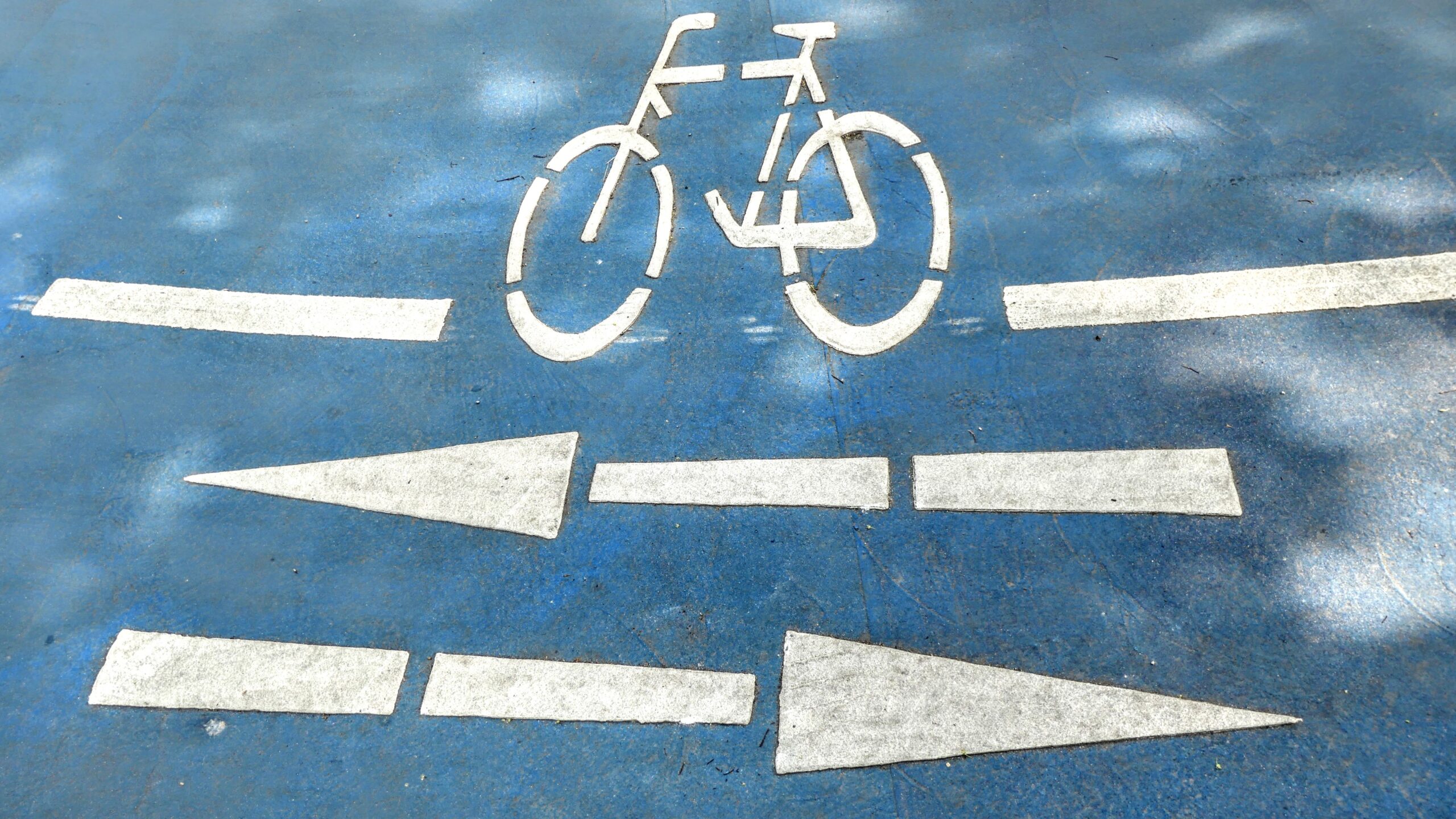 Verkehrsmarkierungen auf einer Straße zeigen ein Fahrrad und Pfeile sowohl nach links als auch nach rechts