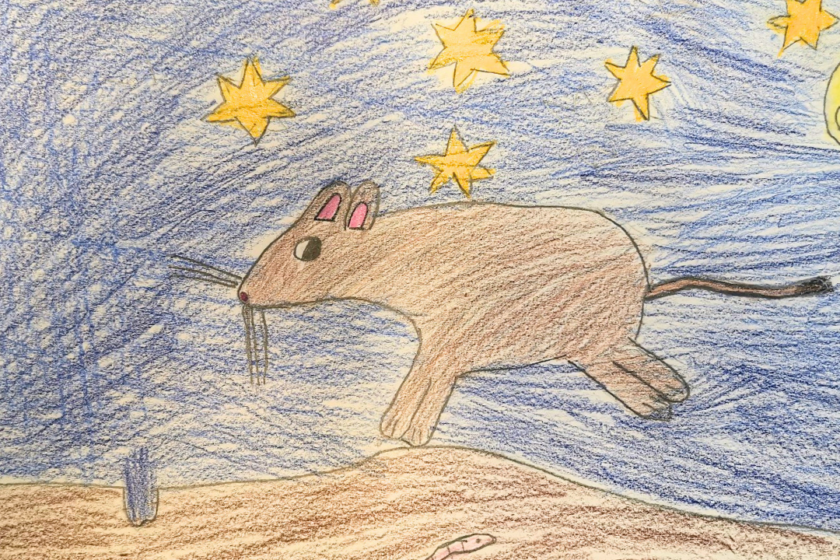 ein von einem Kind für Good News gemaltes Bild von einer Maus vor einem blauen Hintergrund mit Sternen