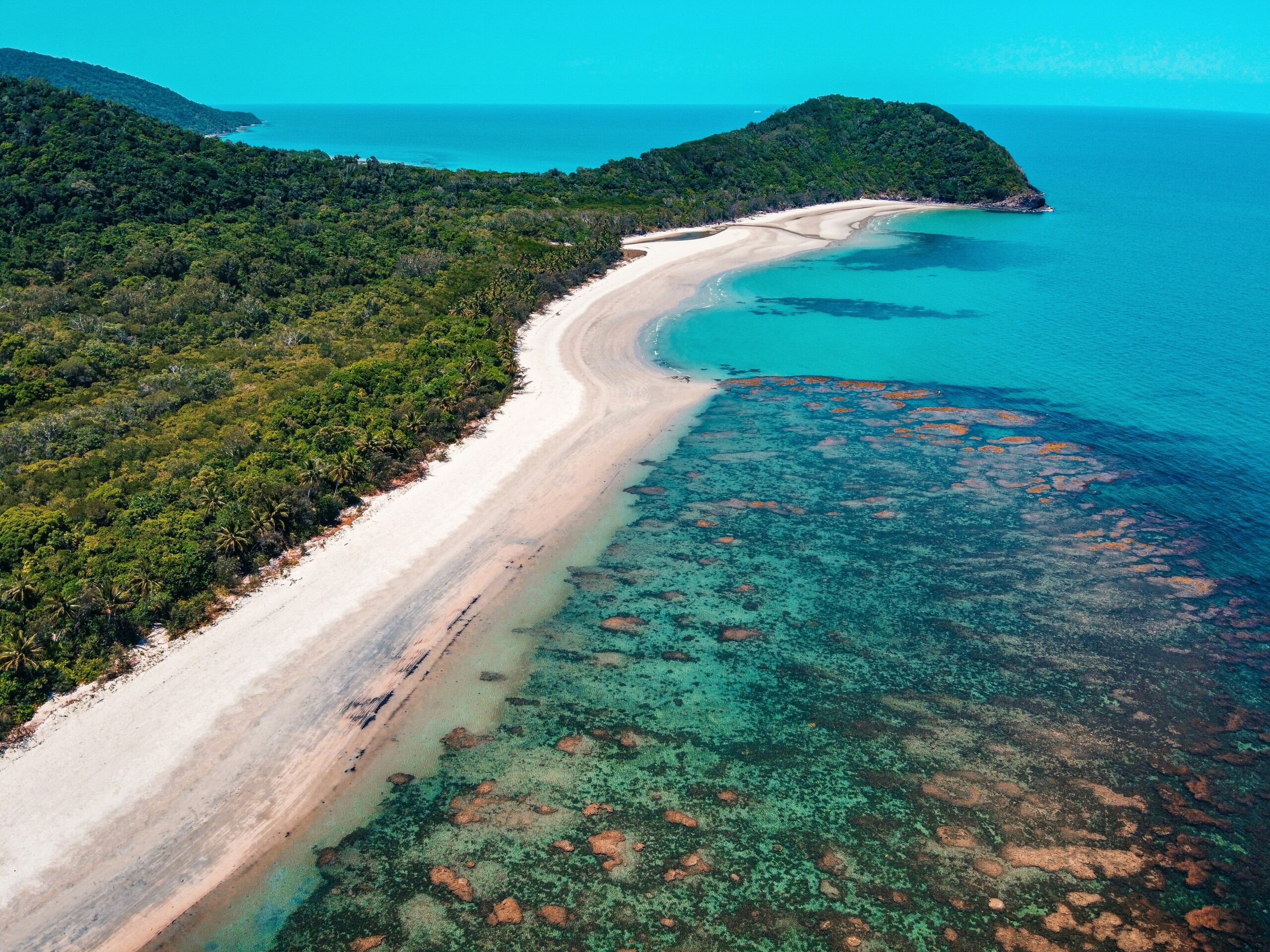 Eine Luftaufnahme, auf der man zur linken Seite den Daintree Regenwald in Australien am Cape Tribulation sieht und auf der rechten Seite das Meer und ein großes Korallenriff