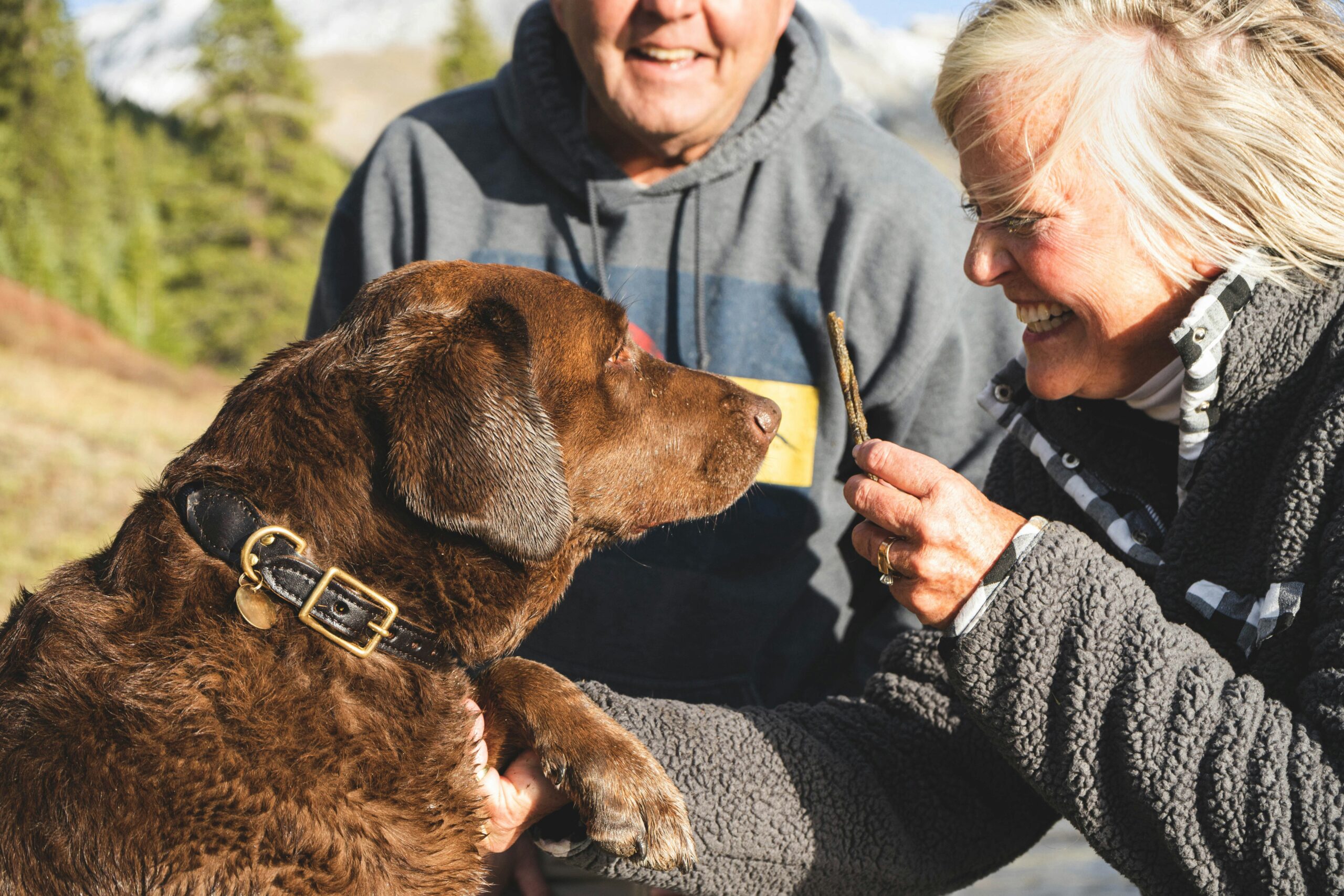 Eine ältere Frau und ein älterer Mann kuscheln mit einem Hund