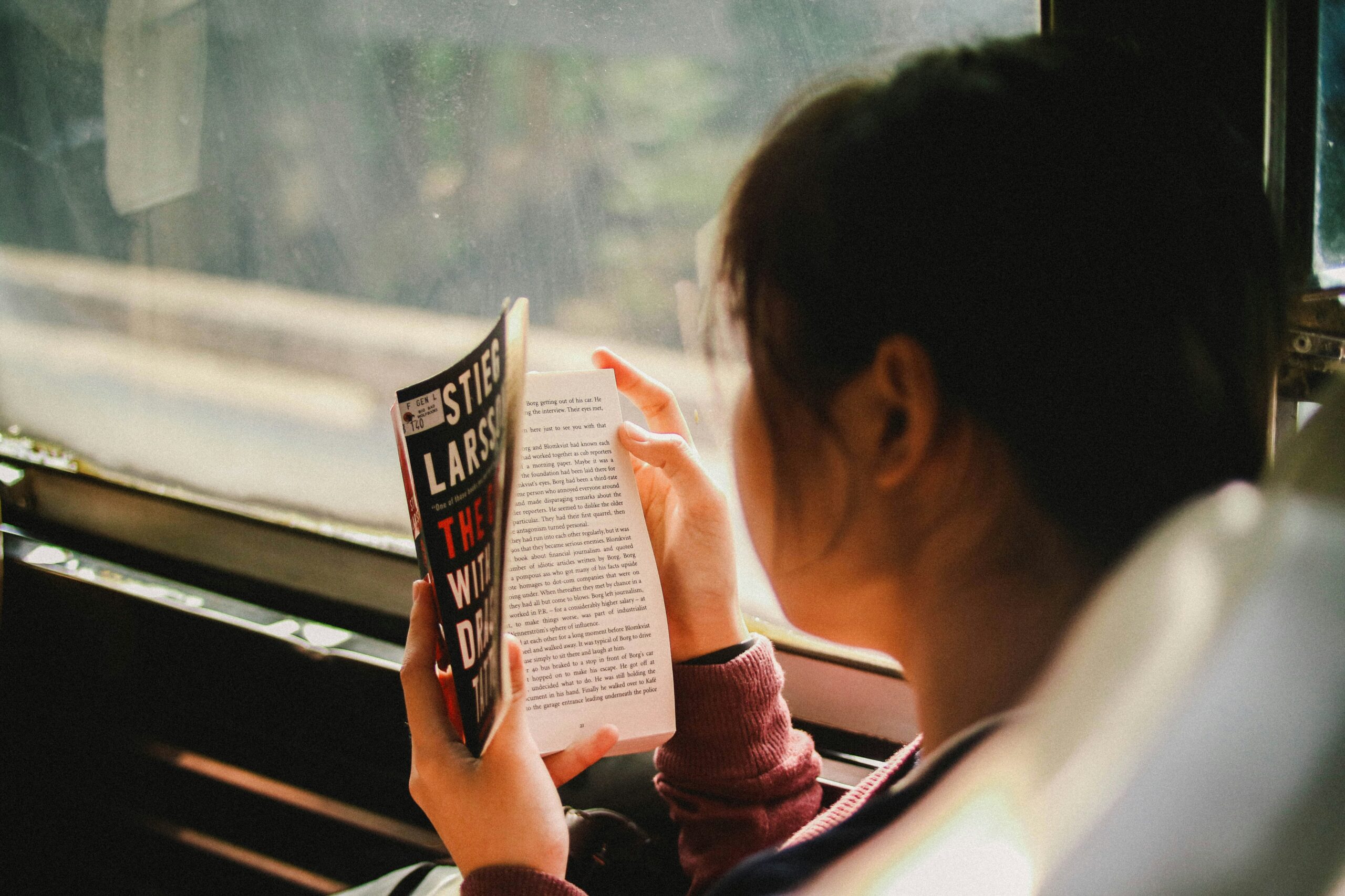 Frau liest in der Bahn ein Buch