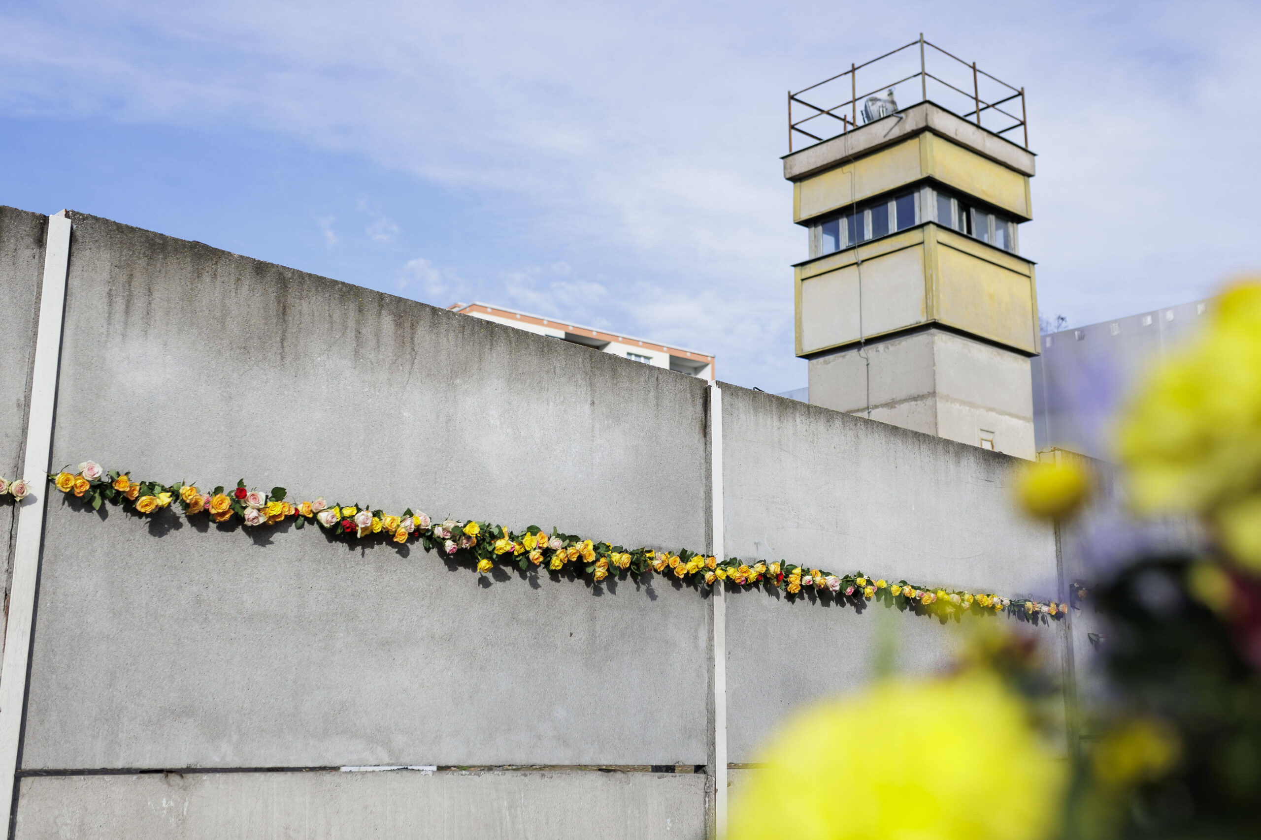 Rosen stecken an der Gedenkstaette der Berliner Mauer am Tag des Mauerfalls in Berlin